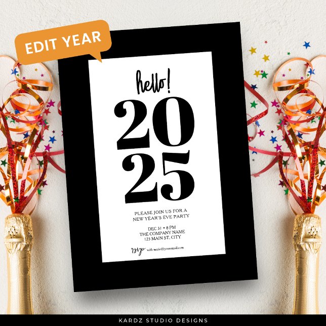 Convite de Ano Novo Preto Moderno para Festa (Invite shown in 5 x 7 inches, choose size, paper and corner style.)