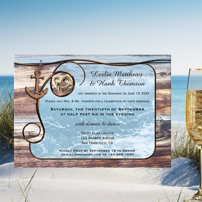 Convite de Anúncio de Casamento ou Pós-Casamento N (After wedding invitation featuring an ocean framed by rustic wood, an anchor and rope knot)