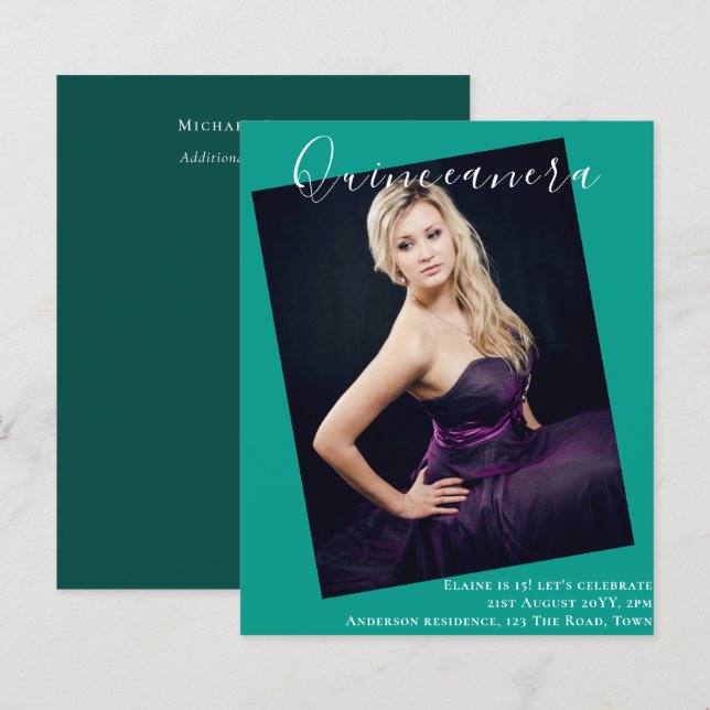 CONVITE DE ANÚNCIO DE FOTO DE QUINCEANERA NO ORÇAM (Frente/Verso)