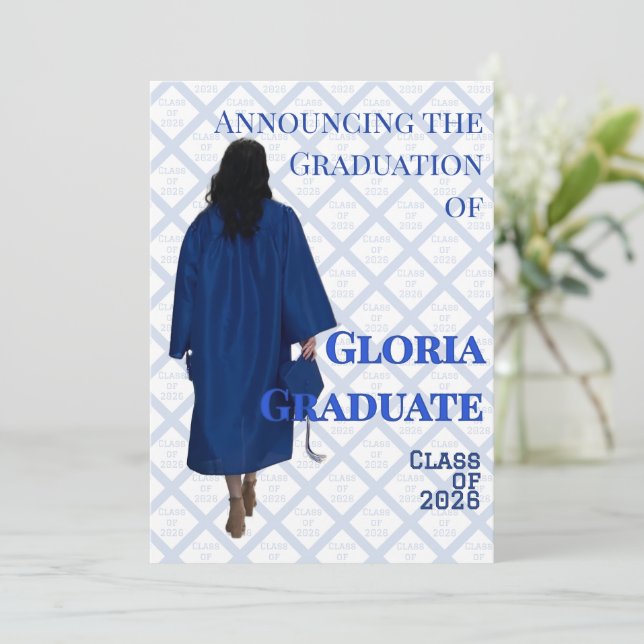 Convite de Anúncio de Graduação Azul e Branco (Em pé/Frente)