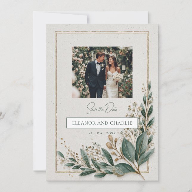 Convite de Anúncio de Noivado Elegante com Folhage (Frente)