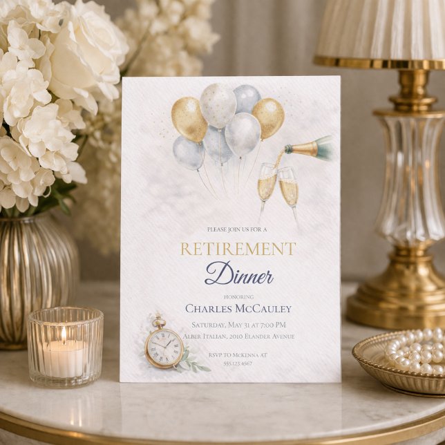 Convite de Aposentadoria Balão Dourado (Gold balloon and champagne detail for a refined retirement dinner celebration)