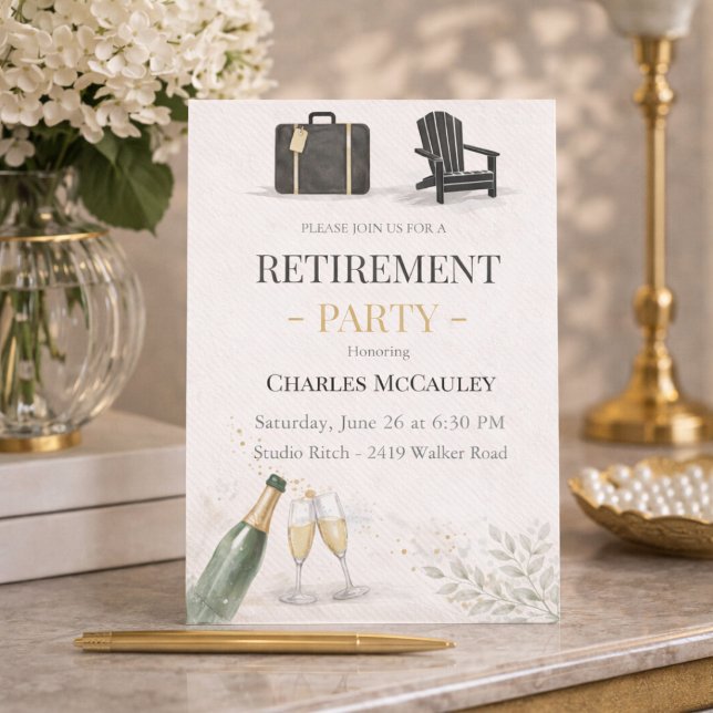 Convite de Aposentadoria em Ouro Moderno (Modern gold retirement party invite with champagne detail and refined evening feel)