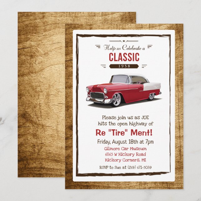 Convite de Aposentadoria Retro Carro Clássico (Frente/Verso)