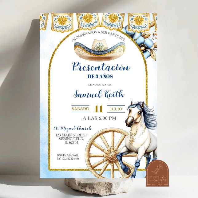 Convite de Apresentação de 3 anos Charro Azul Mari (Criador carregado)