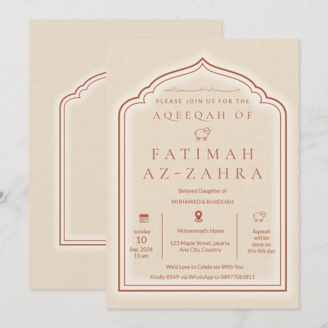 Convite de Aqeeqah Bege de Luxo para Menina (Frente/Verso)