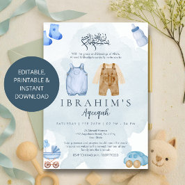 Convite de Aqeeqah de bebê menino em aquarela azul
