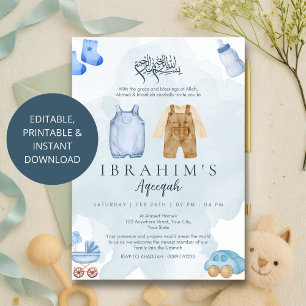 Convite de Aqeeqah de bebê menino em aquarela azul