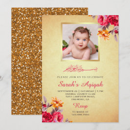 Convite de Aqiqah Bebê Menina Floral Brilho Dourad