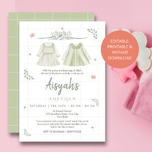 Convite de Aqiqah Elegante Verde Sage Roupa de Beb