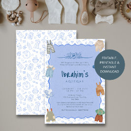 Convite de Aqiqah para Bebê Menino com Aquarela Az