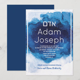 Convite de Aquarela Azul para Bar Mitzvah