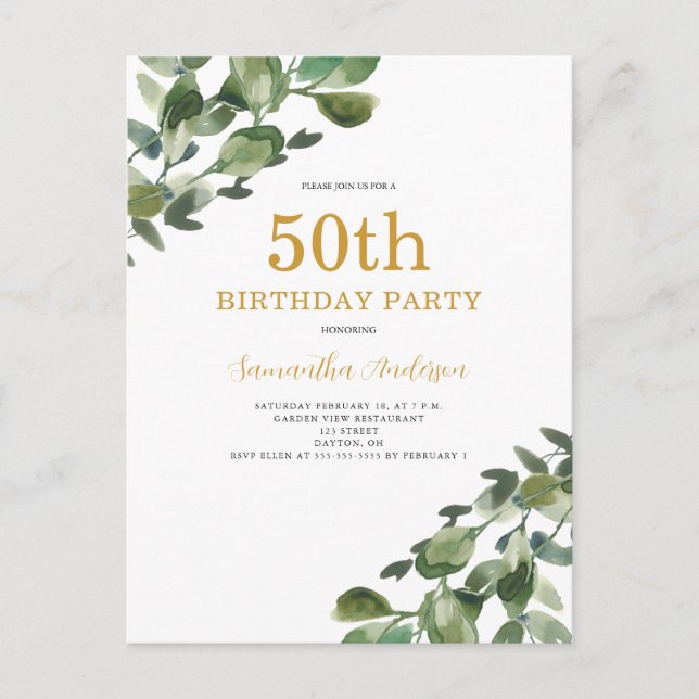 Convite de Aquarela de Eucalipto para Aniversário  (Frente)