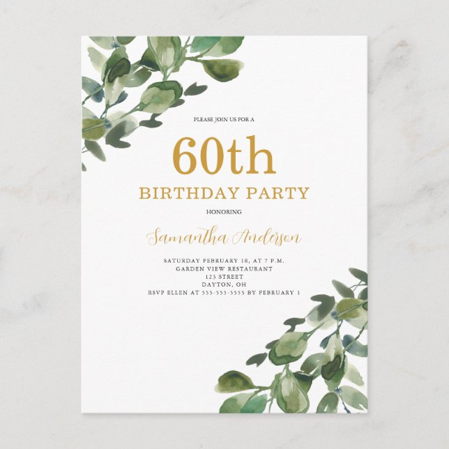 Convite de Aquarela de Eucalipto para Aniversário  (Frente)