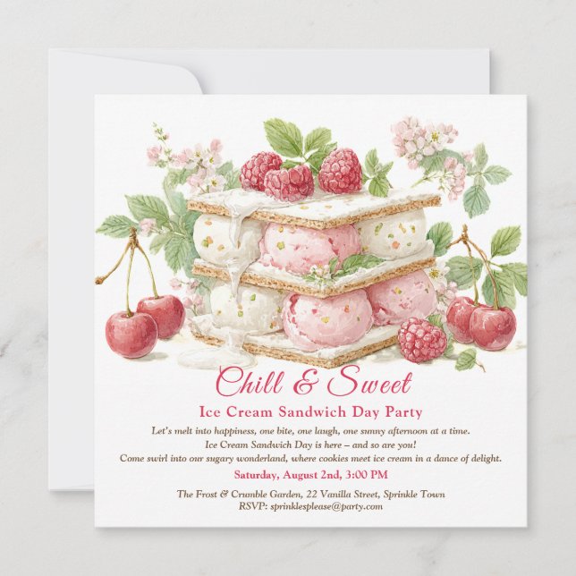 Convite de Aquarela do Dia do Sorvete Sanduíche (Frente)