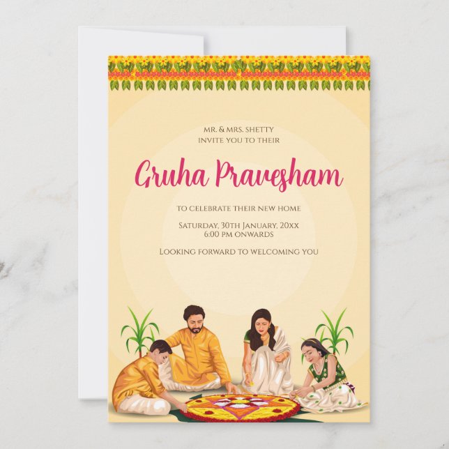 Convite de aquecimento da casa tâmil como Telugu c (Frente)