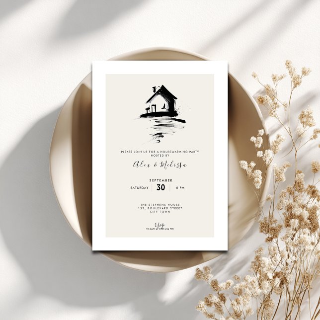 Convite de Aquecimento Elegante - Casa Desenhada à (Minimal housewarming invitation with a hand drawn house.)