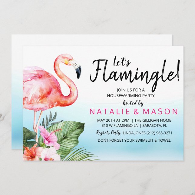 Convite de Aquecimento Tropical Let's Flamingle (Frente/Verso)