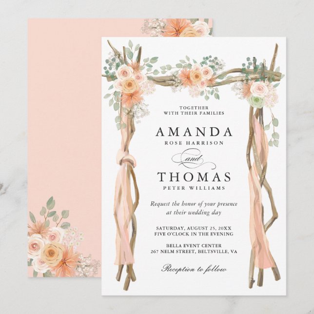 Convite de Arco Floral Rosa para Casamento (Frente/Verso)