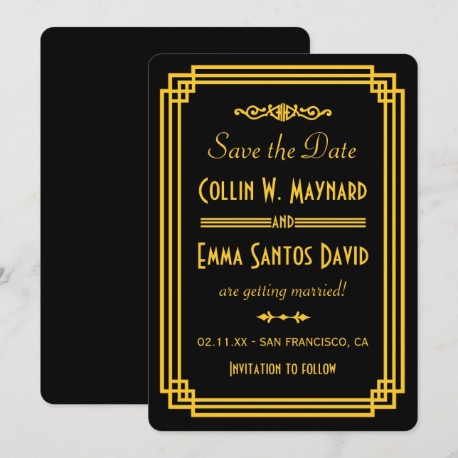 Convite de Art Déco Preto e Dourado para Salvar a  (Frente/Verso)