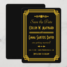 Convite de Art Déco Preto e Dourado Save The Date