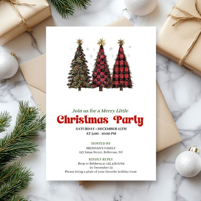 Convite de árvore de Natal búfalo preto vermelho m (Modern red black buffalo Christmas tree invitation)