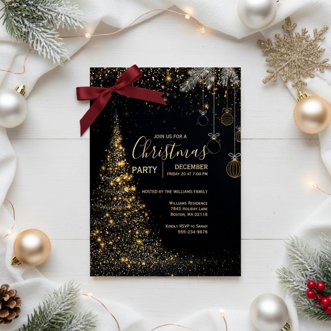 Convite de Árvore de Natal em Ouro Brilhante (Magical Holiday Celebration)