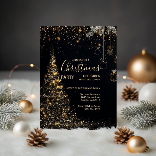 Convite de Árvore de Natal em Ouro Brilhante (Gold Holiday Invitation)