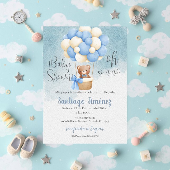 Convite de Baby Shower espanhol Urso Azul para men (Criador carregado)
