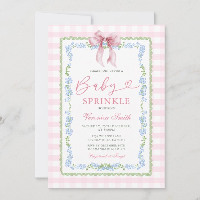 Convite de Baby Sprinkle Rosa Xadrez com Laço Flor (Frente)