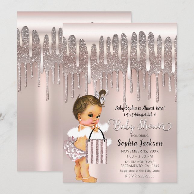 Convite de Babyshower com Brilho de Diamante Rosa  (Frente/Verso)