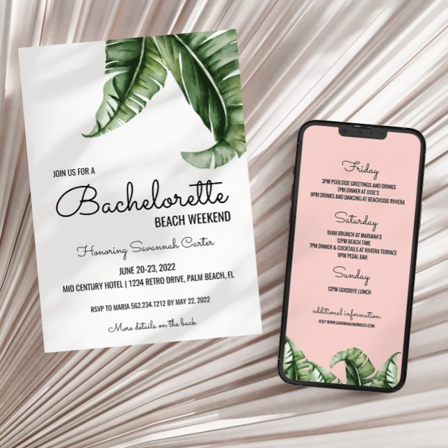 Convite de Bachelorette Tropical PInk + Itinerário (Criador carregado)
