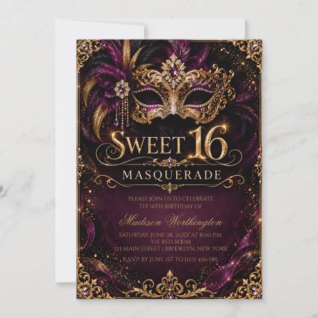 Convite de Baile de Máscaras Sweet 16 (Frente)
