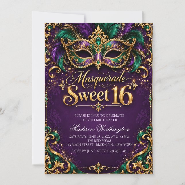 Convite de Baile de Máscaras Sweet 16 (Frente)