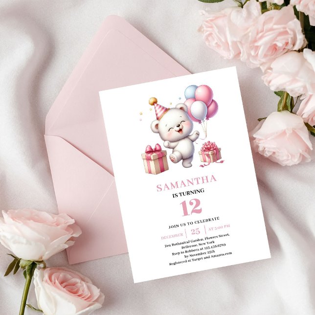 Convite de Balão de Urso de Pelúcia no Aniversário (Pink Gold Girl Birthday Teddy Bear Balloon Invite)