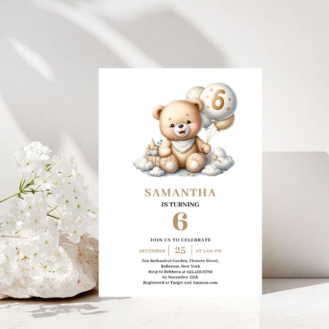Convite de Balão Dourado de Urso de Pelúcia para A (6th Birthday Teddy Bear Gold Balloon Invitation)