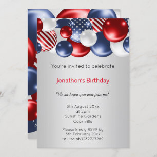 CONVITE DE BALÃO PATRIÓTICO DE PRATA AZUL VERMELHA