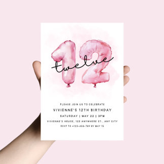 Convite de Balão Rosa para Aniversário de 12 Anos
