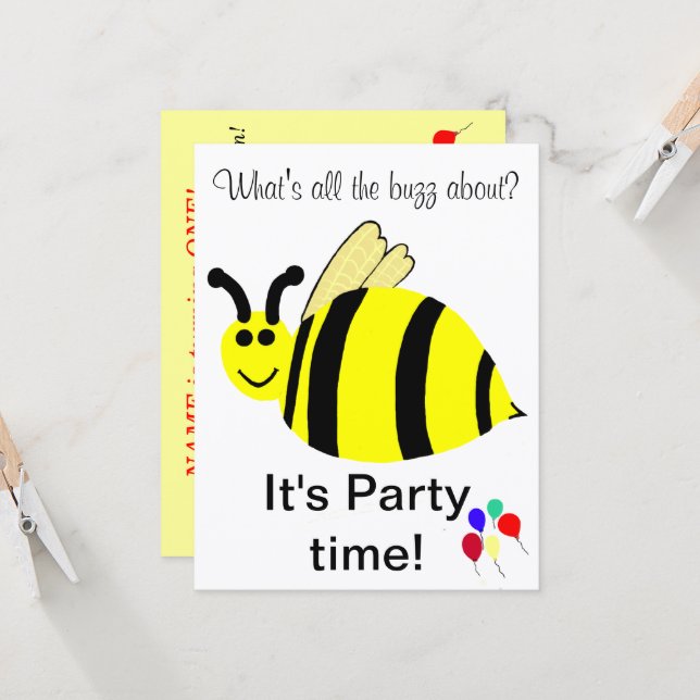 Convite de Balões Abelha Bumble de 1º Aniversário (Frente/Verso In Situ)