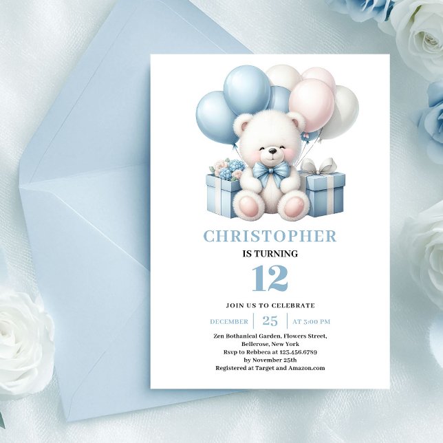 Convite de balões de ursinho de pelúcia para anive (Teddy bear balloon invitation for boy birthday)