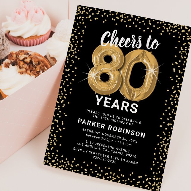 Convite de Balões Dourados para 80º Aniversário (Criador carregado)