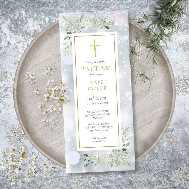 Convite de Baptismo ou Batizado de Inverno com Ver (Snowflakes Greenery Winter Baptism Christening Inv Invitation)