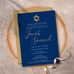 Convite de Bar Mitzvah Azul Marinho Dourado Script