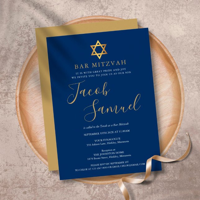 Convite de Bar Mitzvah Azul Marinho Dourado Script (Criador carregado)