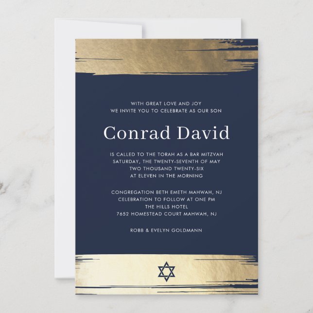 Convite de Bar Mitzvah Azul Marinho Elegante (Frente)