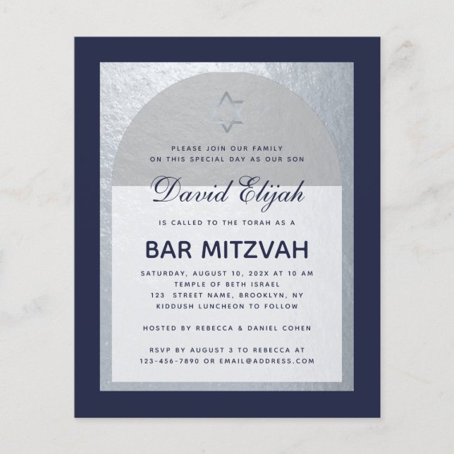 Convite de Bar Mitzvah Azul Marinho Prata Orçament (Frente)