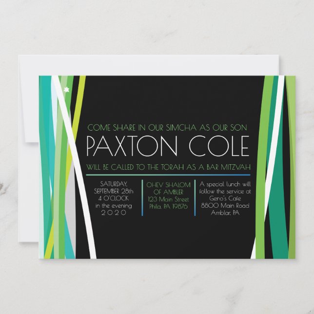 CONVITE DE BAR MITZVAH com LINHAS SIMPLES em Verde (Frente)