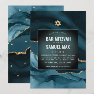Convite de Bar Mitzvah em Aquarela Ágata Azul Turq