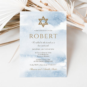 Convite de Bar Mitzvah em Aquarela Azul Estrela