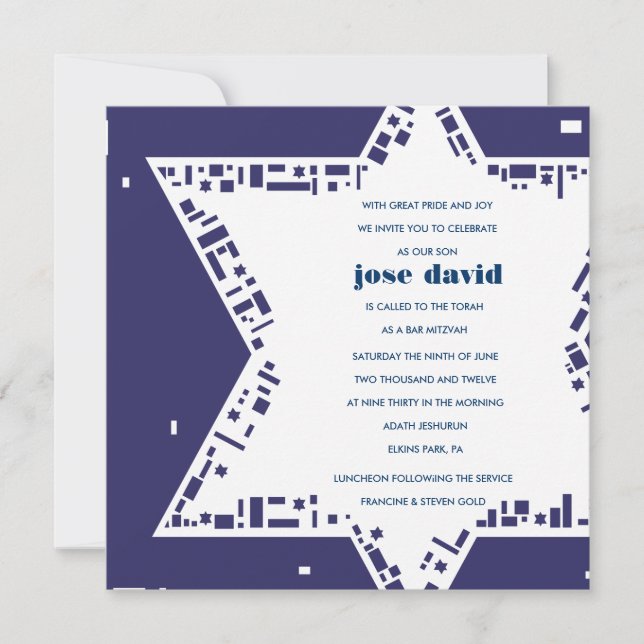 Convite de Bar Mitzvah Estrelas e Quadrados Azul (Frente)